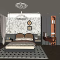 Elegant Bedroom Interior With Black Bedhead Beige Bedding Patterned Wallpaper And Checkered Rug 3d model