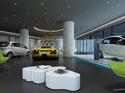 Modern Car Showroom Interior With Yellow Sports Car White Vehicles Green Chairs And White Tables 3d model