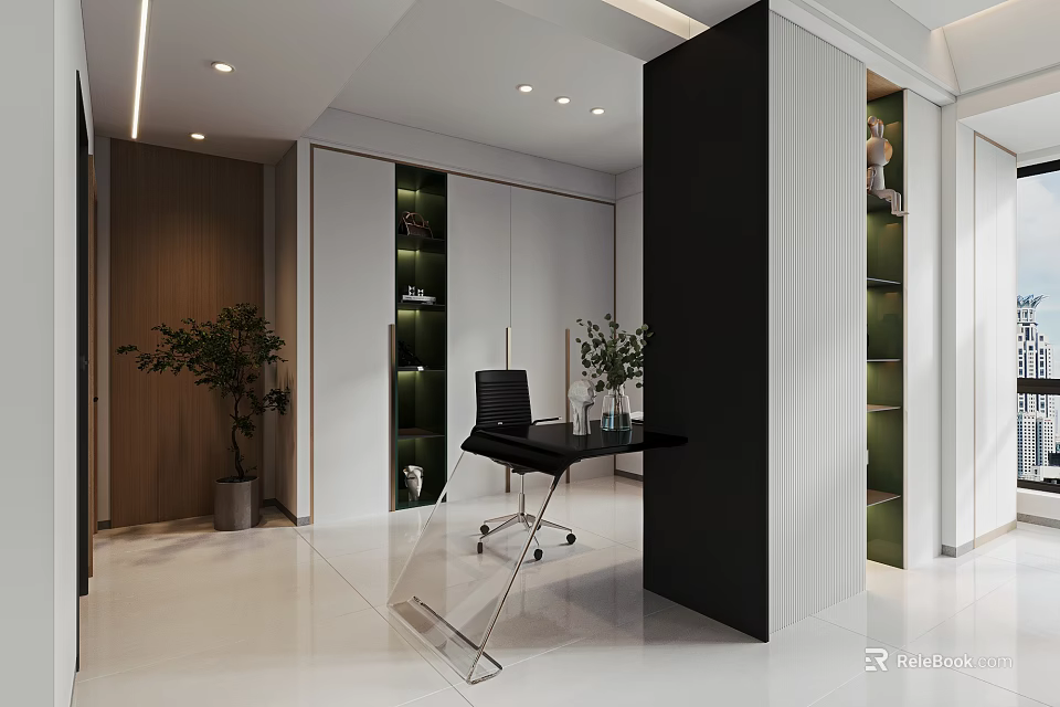 Modern Study Room With Black Desk Office Chair Storage Cabinets And Plants 3d model 