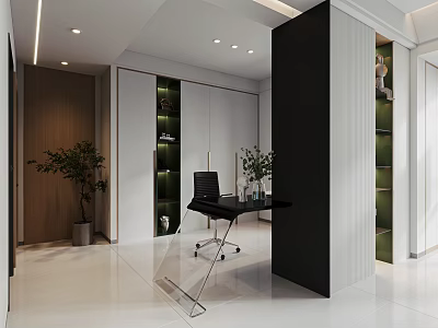 Modern Study Room With Black Desk Office Chair Storage Cabinets And Plants 3d model