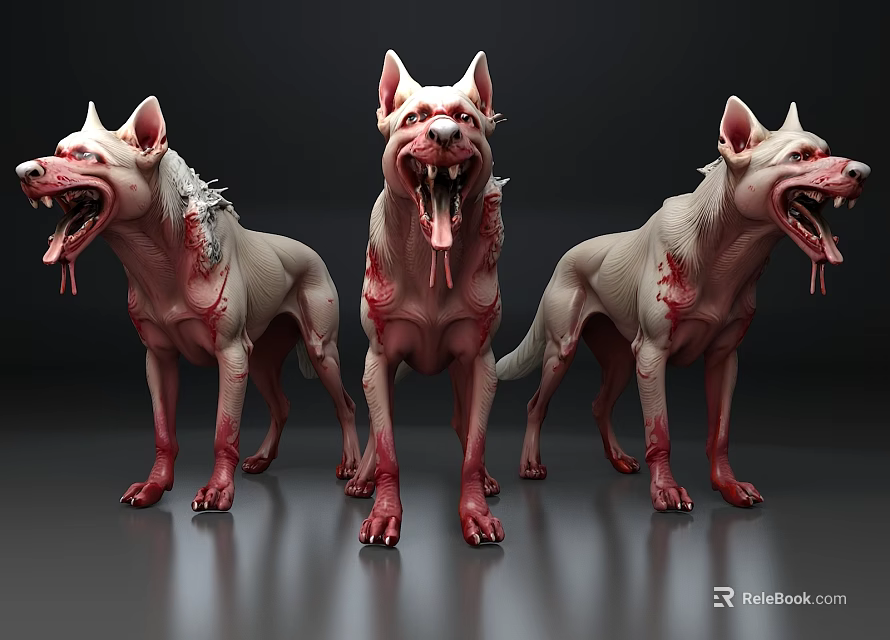 Three Ferocious Monster Dogs With Open Mouths Exposed Teeth And Red Stains On Dark Background 3d model 