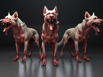 Three Ferocious Monster Dogs With Open Mouths Exposed Teeth And Red Stains On Dark Background 3d model