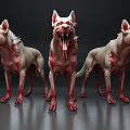 Three Ferocious Monster Dogs With Open Mouths Exposed Teeth And Red Stains On Dark Background