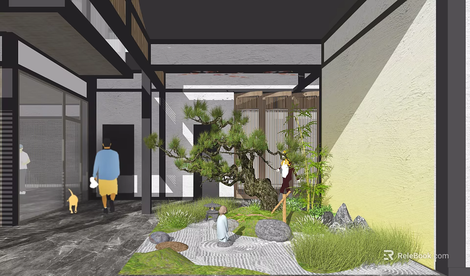 Serene Japanese Courtyard Garden With Pine Bamboo Stone And People Relaxing 3d model 