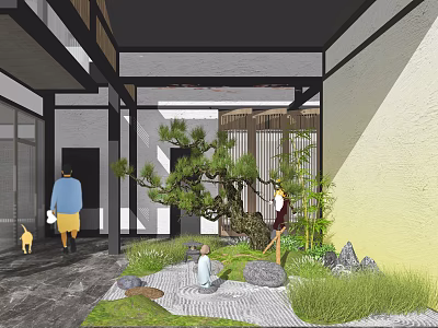 Serene Japanese Courtyard Garden With Pine Bamboo Stone And People Relaxing 3d model