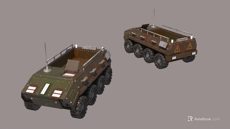 Military Transport Vehicles With Multi Wheels Green Brown Antennas And Warning Signs 3d model 