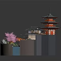Cartoon Scene of Traditional Pagoda with Bridge Cherry Blossom Tree Boat and Flowing Water