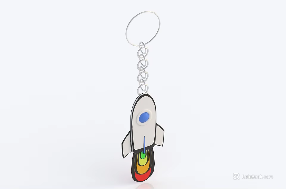 Rocket Shaped Ornament Decoration Set With White Body Blue Window And Rainbow Flame Keychain 3d model 