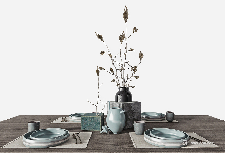 Elegant Dinnerware Set With Plates Mugs Pitcher And Decorative Plants On Wooden Table 3d model 