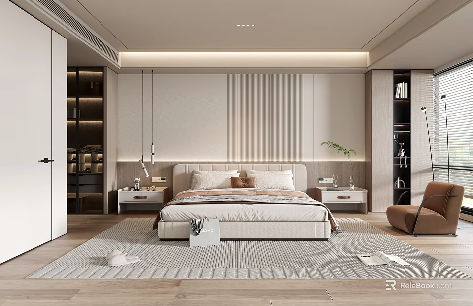 Modern Minimalist Bedroom Interior With Large Bed Nightstands And Area Rug 3d model 