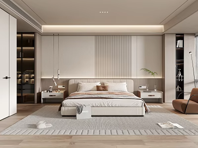 Modern Minimalist Bedroom Interior With Large Bed Nightstands And Area Rug 3d model