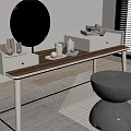 Modern Dressing Table with Round Mirror White Drawers Cosmetic Accessories Gray Stool and Patterned Rug 3d model