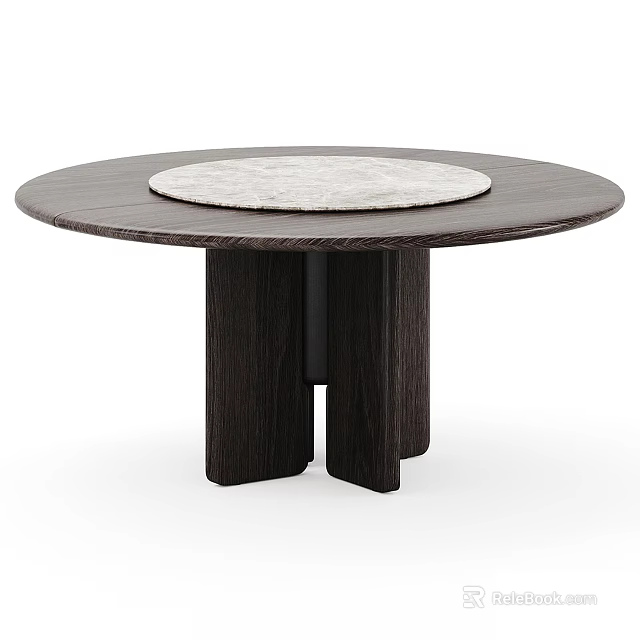 Round Modern Dining Table With Dark Wooden Top Light Colored Center And Double Column Legs 3d model 