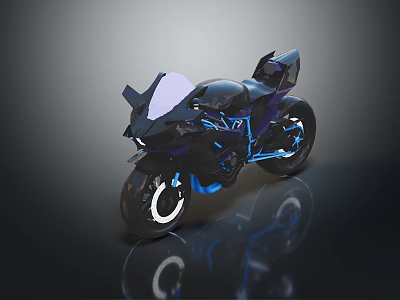 Modern Futuristic Black Motorcycle With Blue Accents And Illuminated Wheels 3d model