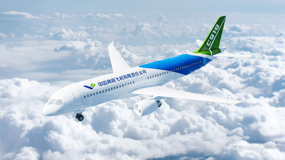 COMAC C919 Passenger Airliner With White And Blue Body Green Tail Flying Through Clouds 3d model 