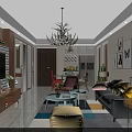Modern Living Dining Room Interior With Grey Sofa Colorful Rug Chandelier And Decorative Paintings