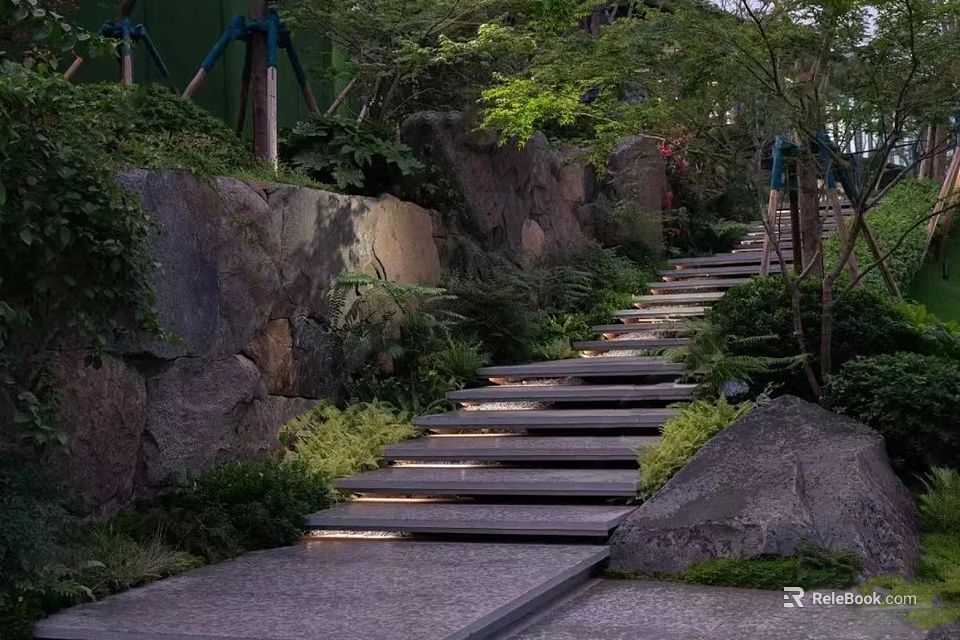 Natural Entrance Gate With Stone Steps Lush Greenery And Rock Elements 3d model 