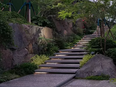 Natural Entrance Gate With Stone Steps Lush Greenery And Rock Elements 3d model