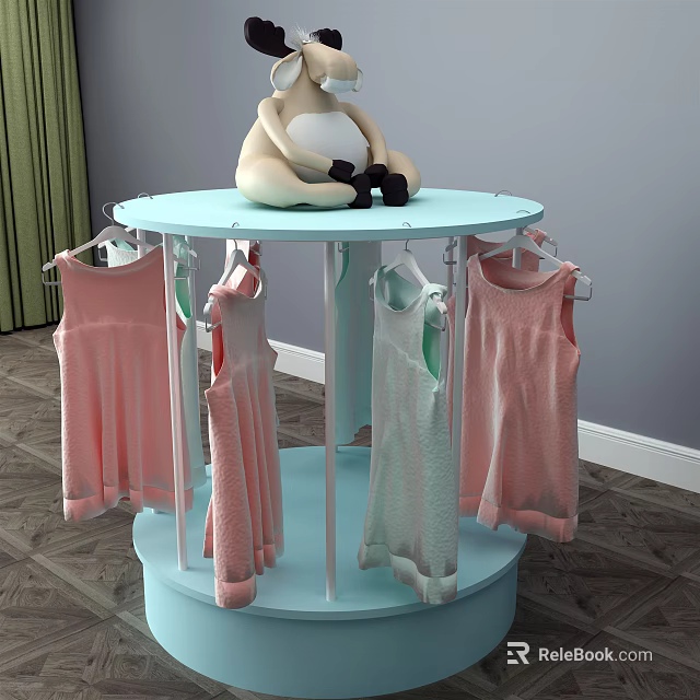 Rotating Round Light Blue Clothes Hanger with Pink Light Green Kids Vests and Plush Toy 3d model 
