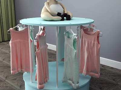 Rotating Round Light Blue Clothes Hanger with Pink Light Green Kids Vests and Plush Toy 3d model