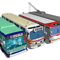 Various Types and Colors of Vintage and Modern Buses Including Tram in