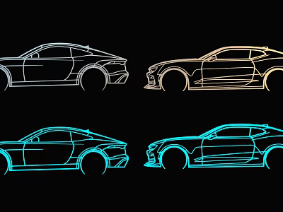 Colorful Line Art Sculpture Carving Of Modern Car Outlines On Black Background 3d model