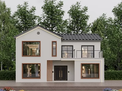 Modern Two Story Detached House with White Exterior Black Roof Balcony and Greenery Surroundings 3d model