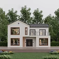 Modern Two Story Detached House with White Exterior Black Roof Balcony and Greenery Surroundings