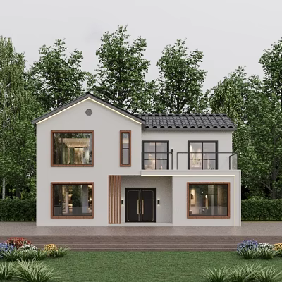 Modern Two Story Detached House with White Exterior Black Roof Balcony and Greenery Surroundings 3d model
