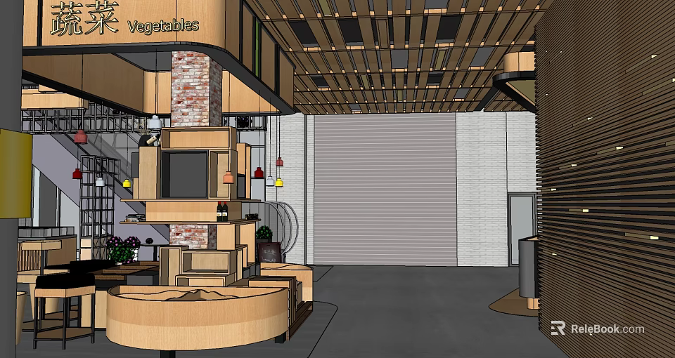 Supermarket Department Store Interior With Vegetables Section And Wooden Decor Display Shelves 3d model 