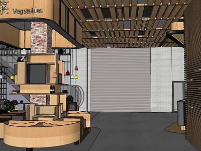 Supermarket Department Store Interior With Vegetables Section And Wooden Decor Display Shelves 3d model
