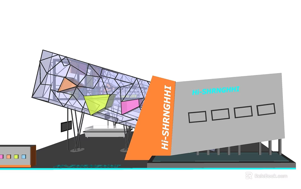 Modern Architectural Structure With Geometric Glass Panels And HI-SHINE Orange Signage 3d model 