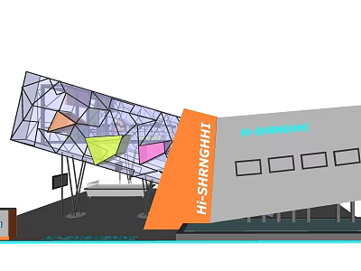 Modern Architectural Structure With Geometric Glass Panels And HI-SHINE Orange Signage 3d model