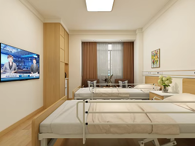 Hospital Ward Interior With Two Beds TV Wooden Cabinet Window And Curtains 3d model