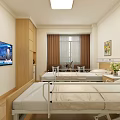 Hospital Ward Interior With Two Beds TV Wooden Cabinet Window And Curtains
