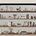 Elegant Decorative Ornament Combination With Wooden Shelves Books Vases And Plants
