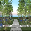 Serene Bamboo Garden With Stone Path Lush Lawn And Seating Area