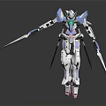 White and Blue Mecha Character With Green Core Long Blades and Mechanical Armor Design