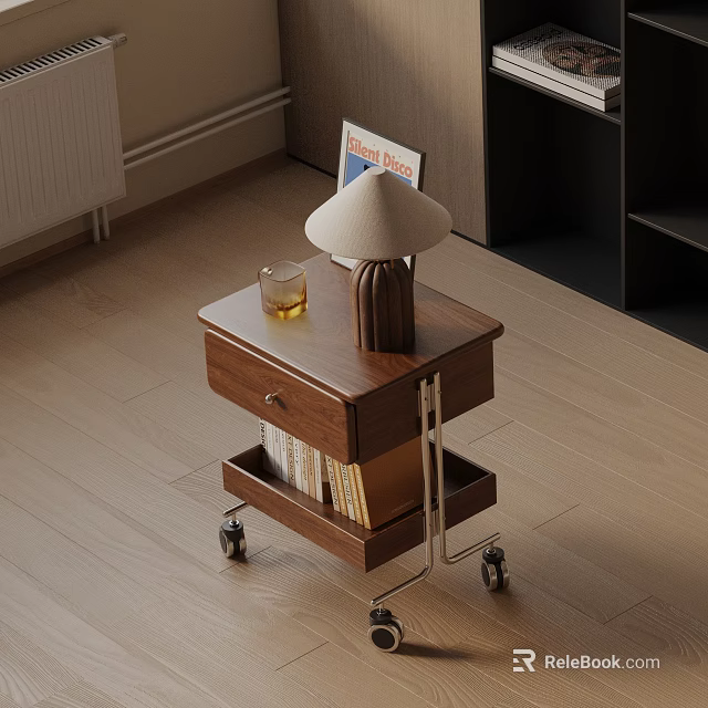 Modern Wooden Bedside Table With Drawer Wheels Table Lamp And Glass Of Drink 3d model 