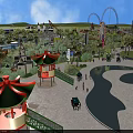 Exciting Amusement Park With Roller Coaster Colorful Pavilions Water Slides Green Trees And Happy Families