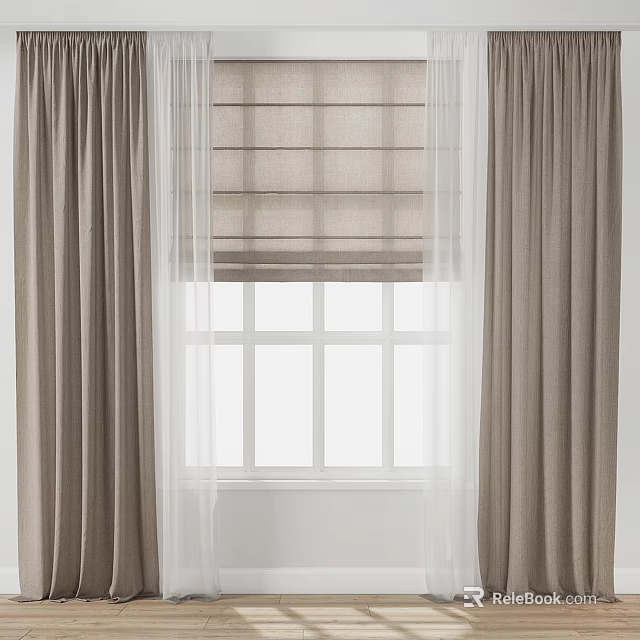 Modern Beige Linen Curtains with Sheer Voile and Roman Blinds for Window Interior 3d model 