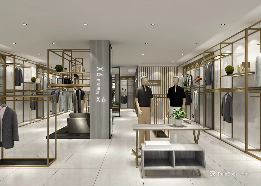Modern Clothing Store Interior Featuring Golden Metal Racks Mannequins Central X666X Pillar White Tiled Floor 3d model 