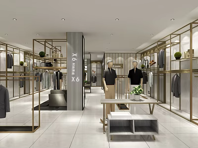 Modern Clothing Store Interior Featuring Golden Metal Racks Mannequins Central X666X Pillar White Tiled Floor 3d model