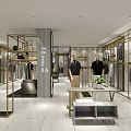 Modern Clothing Store Interior Featuring Golden Metal Racks Mannequins Central X666X Pillar White Tiled Floor