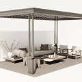 Modern Outdoor Pergola with Sofa Chairs Coffee Tables in Patio Living Space