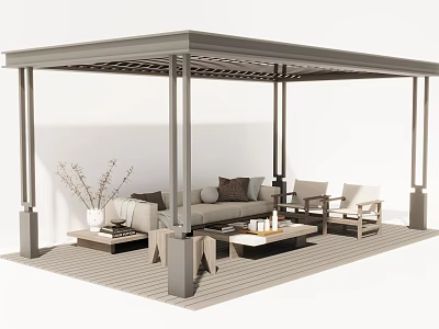 Modern Outdoor Pergola with Sofa Chairs Coffee Tables in Patio Living Space 3d model
