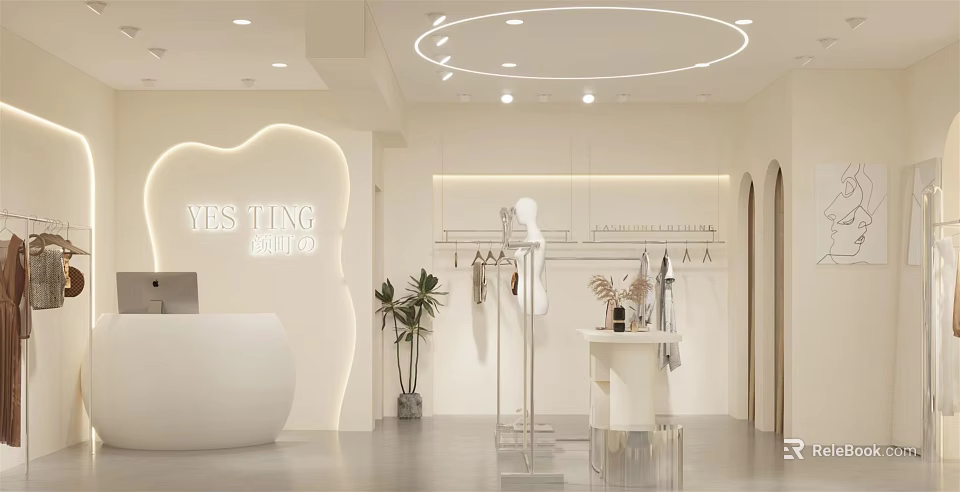 Modern Clothing Store Interior With White Reception Desk Clothing Racks Mannequin And Green Plants 3d model 