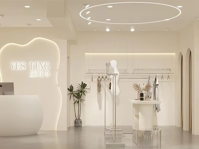 Modern Clothing Store Interior With White Reception Desk Clothing Racks Mannequin And Green Plants 3d model