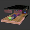 3D Model Structure With Black Roof Yellow Wooden Platform And Blue Cylindrical Elements
