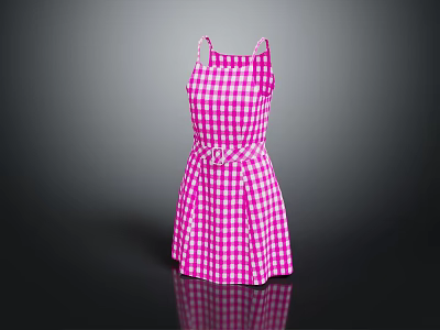 Stylish Women's Pink Checkered Dress With Spaghetti Straps And Waist Belt 3d model